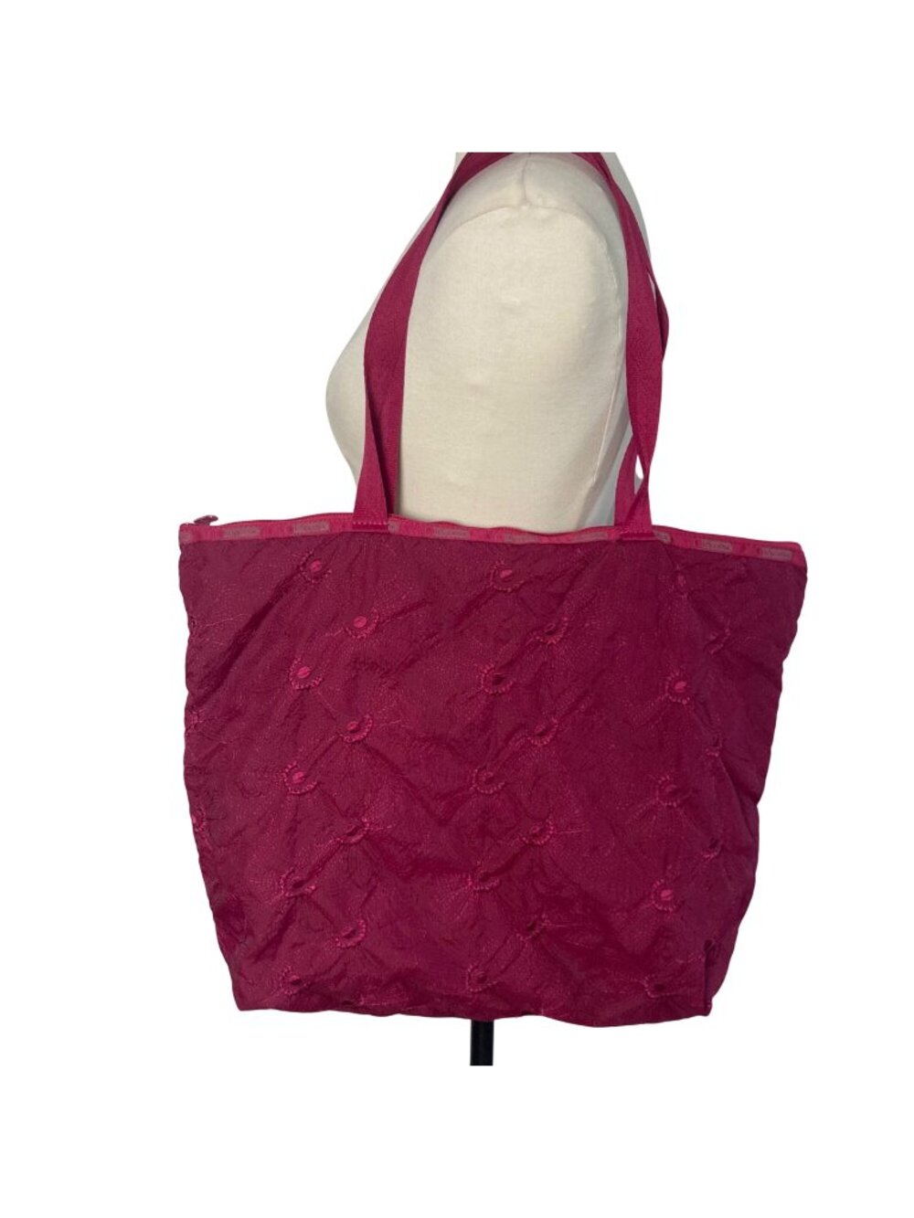 LeSportsac Large Tote Bag Burgundy Red Embroidered Flowers Lightweight Travel